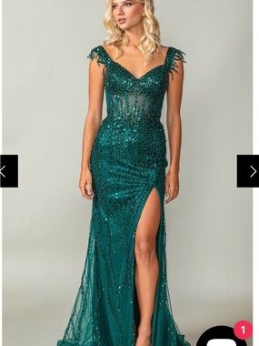 Emerald Beaded Off-Shoulder Prom Gown with High Slit